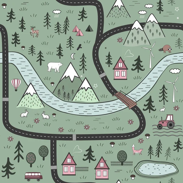 Ilustrasi grafis Skandinavia abstrak vektor tangan tak berjahit dengan rumah, hewan, pohon dan pegunungan. Konsep lanskap alam Nordik . - Stok Vektor