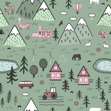 Evleri, hayvanları, ağaçları, eski kale ve dağlar ile şirin el çizilmiş İskandinav vektör Seamless modeli. Nordic doğa manzara kavramı. Mükemmel çocuklar kumaş, tekstil, duvar kağıdı veya kapı altlığı