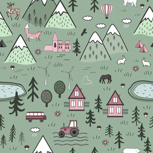 Mão bonito desenhado escandinavo Vector padrão sem costura com casas, animais, árvores, castelo velho e montanhas. Conceito nórdico de paisagem natural. Perfeito para tecido infantil, têxtil, papel de parede ou tapete de porta —  Vetores de Stock