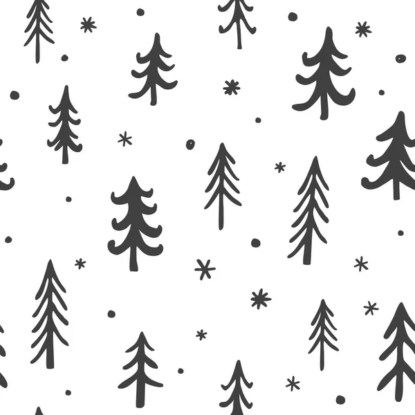 Seamless stylish pattern with cute hand drawn pine trees. Vector Outline illustration, Grey and White — Stock Vector