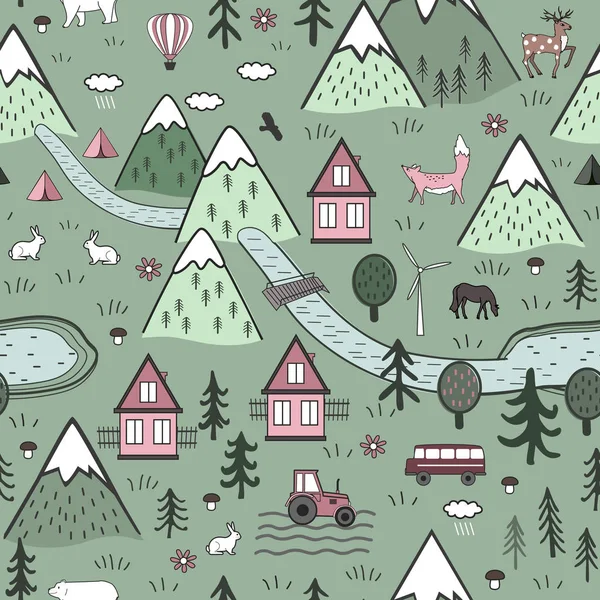 Cute Hand Drawn Skandinavia Vector Seamless pola dengan rumah, hewan, pohon, kastil tua dan pegunungan. Konsep lanskap alam Nordik. Sempurna untuk kain anak-anak, tekstil, kertas dinding, atau tikar pintu - Stok Vektor