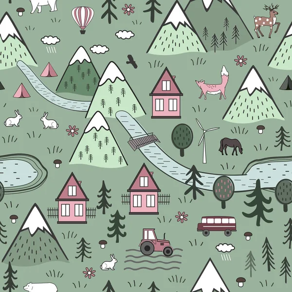 Mão bonito desenhado escandinavo Vector padrão sem costura com casas, animais, árvores, castelo velho e montanhas. Conceito nórdico de paisagem natural. Perfeito para tecido infantil, têxtil, papel de parede ou tapete de porta —  Vetores de Stock