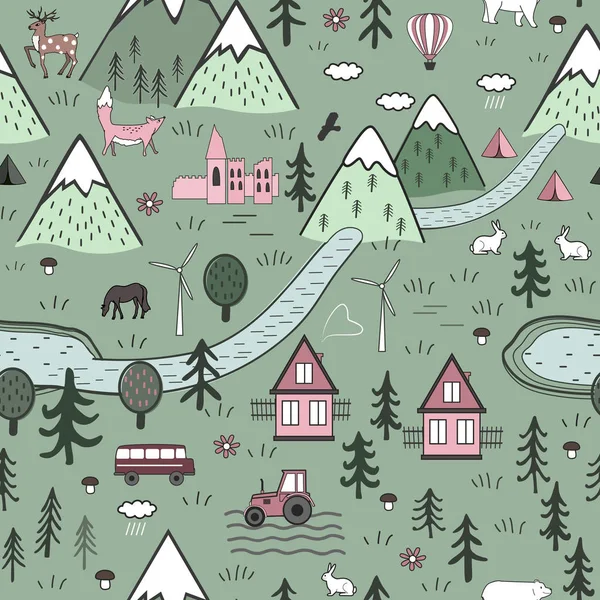 かわいい手描画スカンジナビア ベクターのシームレスなパターン住宅、動物、木、古城山と。北欧の自然のランドス ケープの概念。子供の生地、テキスタイル、壁紙、またはドア マットに最適 — ストックベクタ