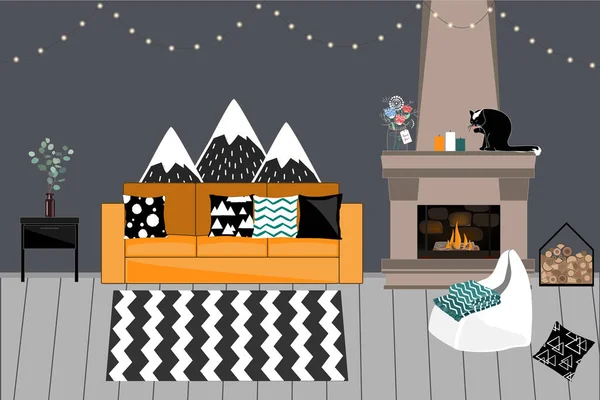 Acogedor interior Vector en estilo escandinavo. Sala de estar con chimenea, cómodo y luminoso sofá con almohadas, pared gris oscuro, guirnaldas y composiciones de flores . — Archivo Imágenes Vectoriales