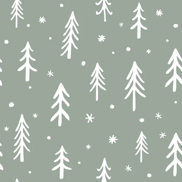 Seamless stylish pattern with cute hand drawn Doodle Pine Trees. Vector Outline illustration, White on Green — Stock Vector