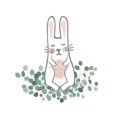 Şirin el bunny Eucaliptus dallarda çekilmiş. Paskalya vektör çizim. Tatlı yeni doğmuş tavşan karakteri.