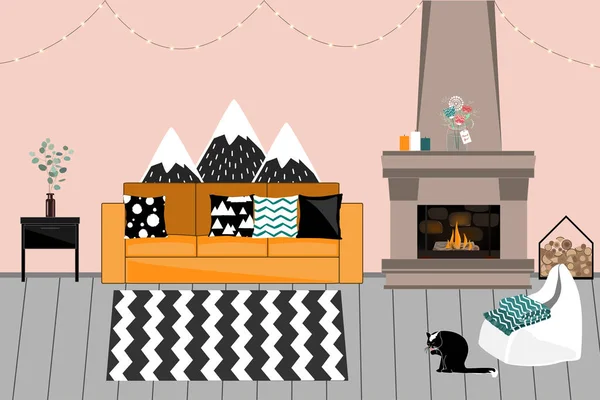 在斯堪的纳维亚风格的舒适的矢量内饰。壁炉客厅, 舒适明亮的沙发与枕头, 花环, 椅子 — 图库矢量图片