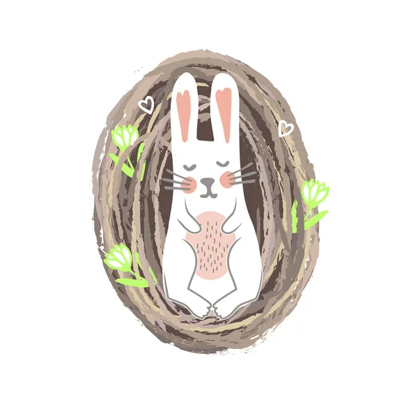 Newbor Easter Bunny yaciendo en el nido. Primavera o Guardería Imprimir — Archivo Imágenes Vectoriales