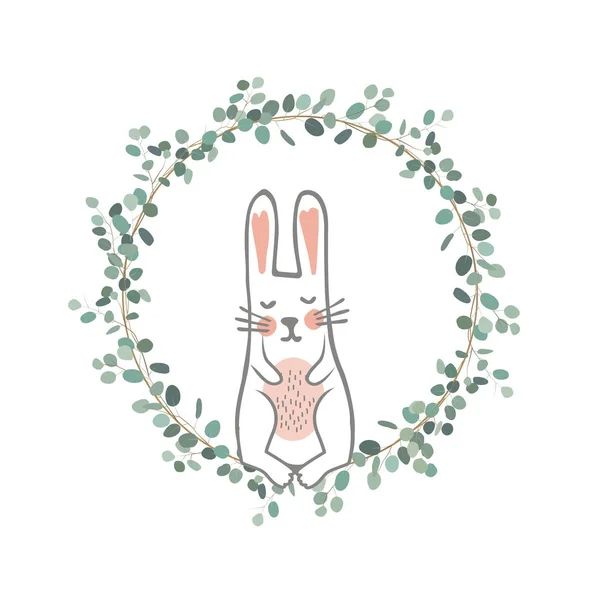 A grinalda de eucalipto da Páscoa com um coelho doce. Ilustração vetorial —  Vetores de Stock