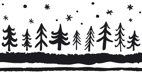 Vector hand-drawn seamless pattern with doodle pine trees. Christmas Nordic Background. Black and White — Stock Vector