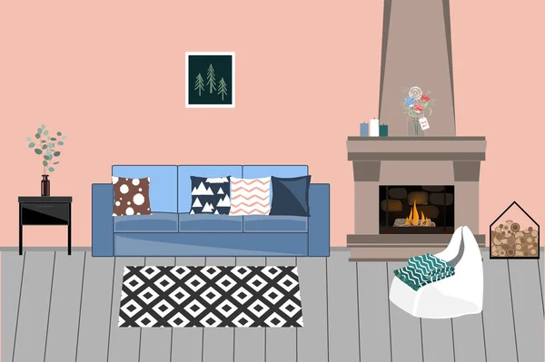 Interior vetorial em estilo escandinavo. Sala de estar com lareira, confortável sofá brilhante com travesseiros, cadeira e flores —  Vetores de Stock
