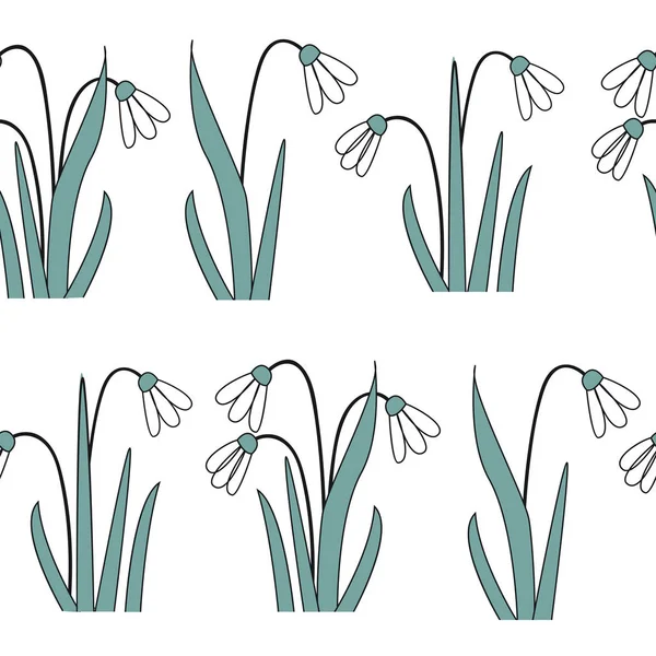 Nahtloses Muster mit den ersten Frühlingsblumen. Vektorillustration mit grafischen Schneeglöckchen — Stockvektor