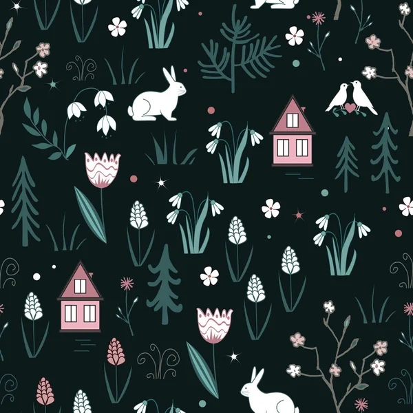 Patrón inconsútil del bosque de primavera con conejos, aves, flores, casas y árboles. Vector suave de fondo de madera de primavera — Vector de stock