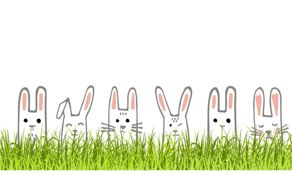 Happy Easter banner with bunny faces and grass. Rabbits border or greeting card. Vector — Stock Vector