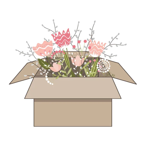 Caja de cartón de regalo con hermosas flores de garabato de primavera sobre fondo blanco. Ilustración vectorial — Vector de stock