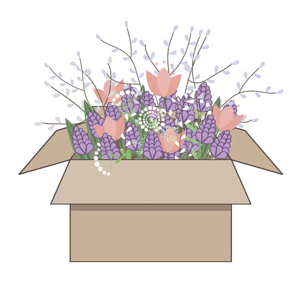 Ramo de jacintos de garabato primaveral y flores de tulipán en caja de cartón aislado en blanco. Ilustración vectorial. Composición floral de primavera — Vector de stock