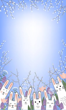 Sevimli küçük Bunnies sümbül ve Lale çiçek ve Söğüt dalları. Paskalya veya bahar vektör çerçeve veya tebrik kartı