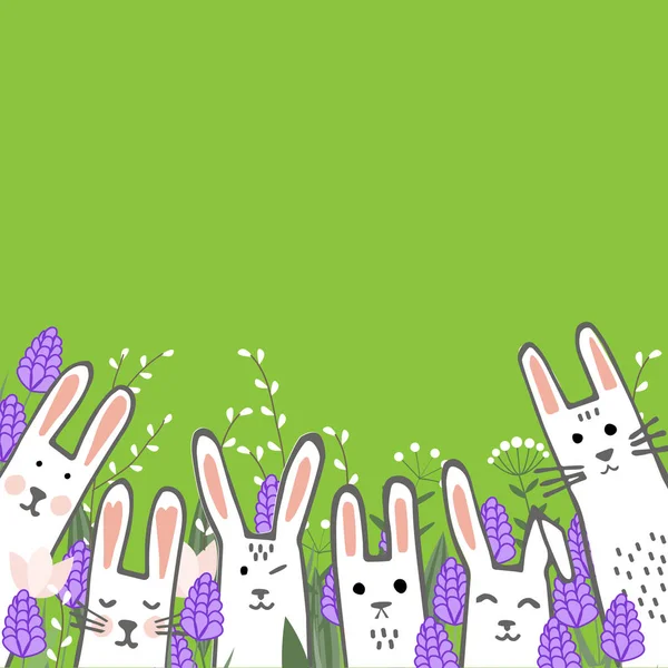 小可爱的兔子在风信子和郁金香花和柳树树枝。复活节或春季矢量贺卡 — 图库矢量图片