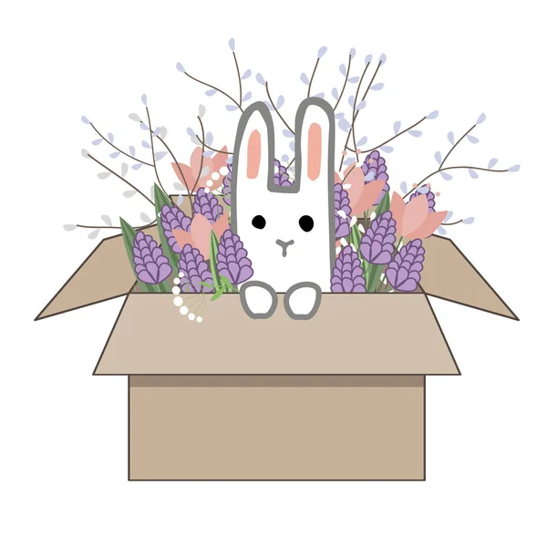 Bouquet of spring doodle hyacinths and tulip flowers in cardboard box with a sweet bunny isolated on white background. Vector illustration. — Stock Vector