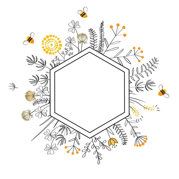 Rahmen mit Honigblumen und Bienen. Zeichentrickvektorillustration — Stockvektor