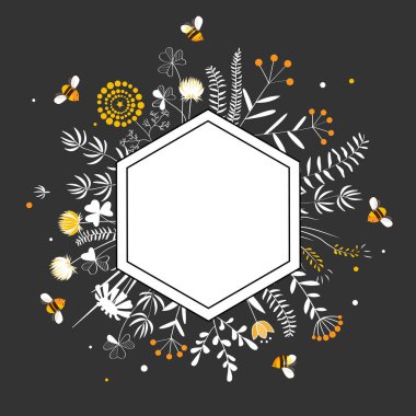 Sevimli bal çiçekleri ve arılar ile şık altıgen çerçeve. Üstün kalite bal etiketi. Karikatür vektör