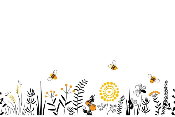 Векторна природа безшовний фон з намальованими руками дикими травами, квітами та листям на білому. Квіткова ілюстрація стилю Doodle . — стоковий вектор