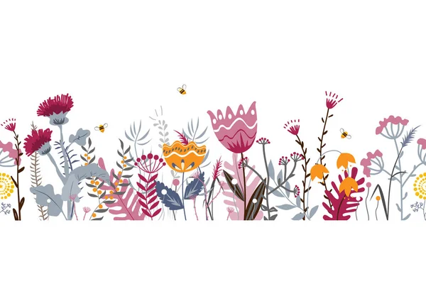 Fondo sin costuras de la naturaleza vectorial con hierbas silvestres dibujadas a mano, flores y hojas en blanco. Ilustración floral estilo Doodle. — Archivo Imágenes Vectoriales