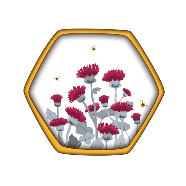 Vektorschablone mit handgezogenen Disteln und Bienen in Sechseck-Wabe. Design für Honigetiketten, Kosmetikgeschäfte, natürliche und pflanzliche Produkte. — Stockvektor