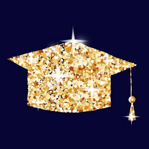 Ilustración de concepto de símbolo de gorra de graduación, icono de estudiante universitario de oro hecho de polvo de brillo dorado sobre fondo negro. EPS10 vector . — Vector de stock