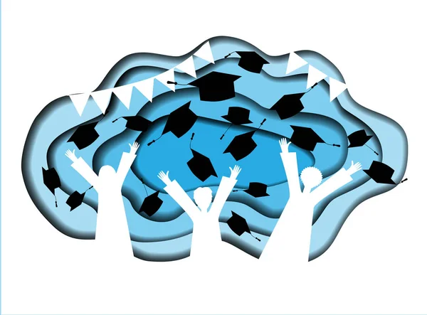 Studenter Silvers kapsyler kastar examen mössor tecken. Universitetsexamen tecknad vektor illustration. Pappers snitt stil. — Stock vektor