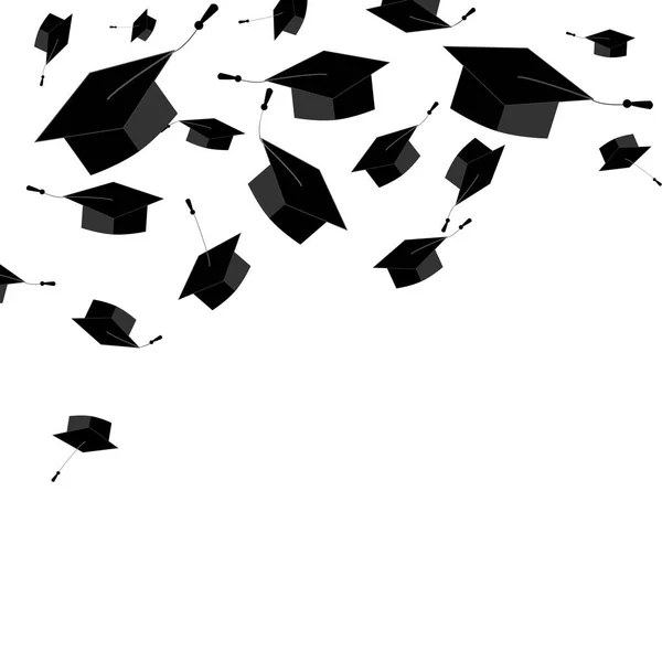 Capas graduadas no fundo branco. Fronteira do canto. Cartão da cerimónia de graduação. Ilustração vetorial — Vetor de Stock