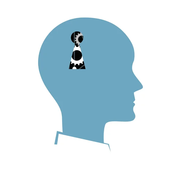 Vector silhouette of human head with a key hole. NLP or Neuro-Linguistic Programming concept. Manipulation, Mental health, personal development, and psychotherapy icon. — Stock Vector