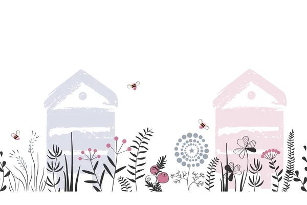 Natureza vetorial fundo sem costura com mão desenhada ervas selvagens, flores e folhas em branco. Doodle estilo desenho animado ilustração floral. Vetor —  Vetores de Stock