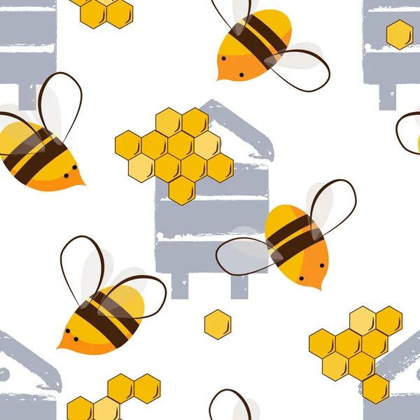 Uçan arılar ve bal arıları ile sevimli sorunsuz desen. Vektör çizimi, beyaz arka plan — Stok Vektör