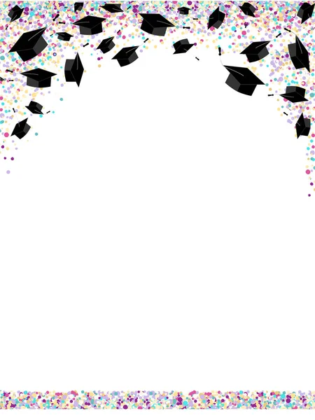 Graduate mössor på ljusa multi färgade konfetti bakgrund. Graduate ceremoni horisontell banner eller kort. Vektor — Stock vektor