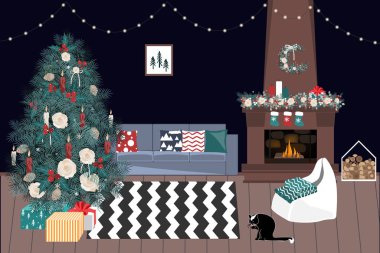 Bir noel ağacı ve altında hediyeler ile Noel oturma odası - modern İskandinav tarzı, vektör illüstrasyon