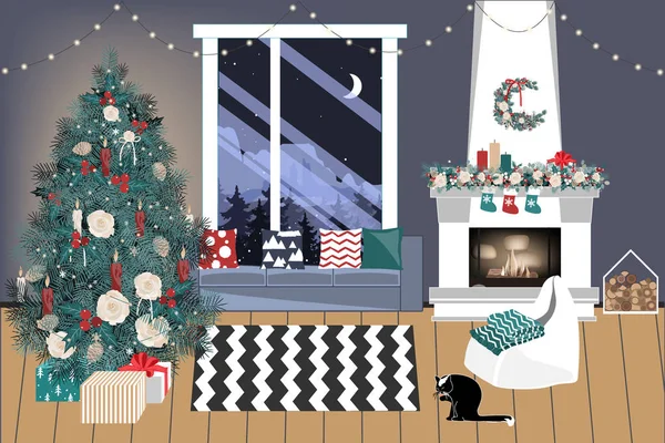 Weihnachtliches Wohnzimmer mit Weihnachtsbaum und Geschenken darunter - moderner skandinavischer Stil, Vektorillustration — Stockvektor