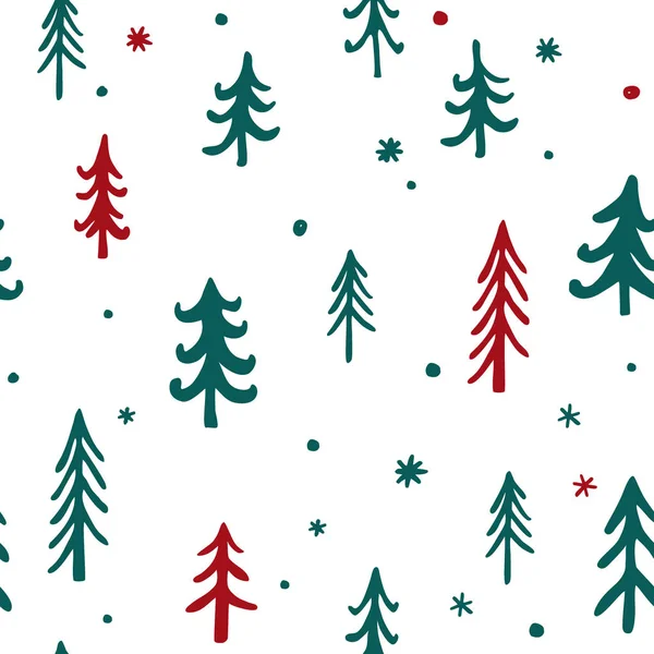 Vector seamless pattern Christmas trees pattern. Red and green doodle trees and snowflakes on white. Scandinavian Christmas background. Fabric, paper, card, web banner, invitation — Stock Vector