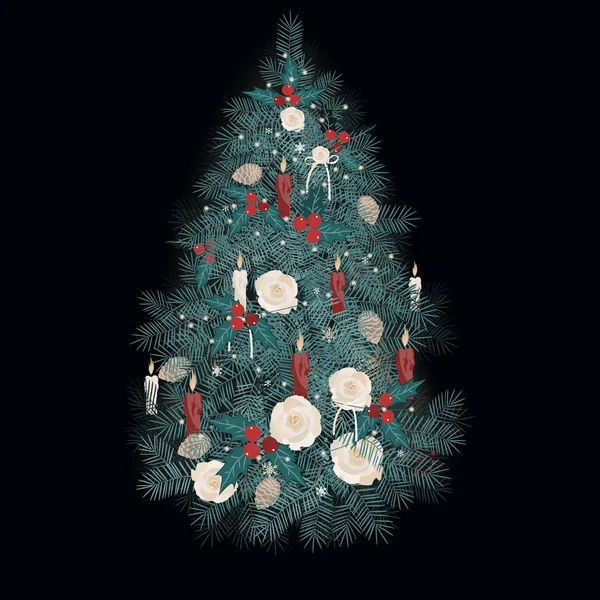 Vektorová ilustrace zdobená vánoční stromek s růžemi, svíčkami a piniovými kužele na tmavém pozadí. — Stockový vektor