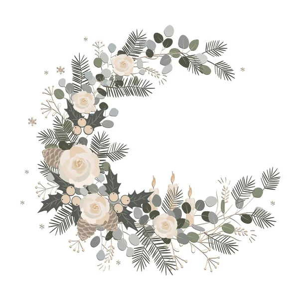 Vintage Christmas greeting card, invitation with wreath made of fir, eucalyptus branches, roses flowers, pinecones, candles, and holly berries. Isolated vector floral composition. — Stock Vector