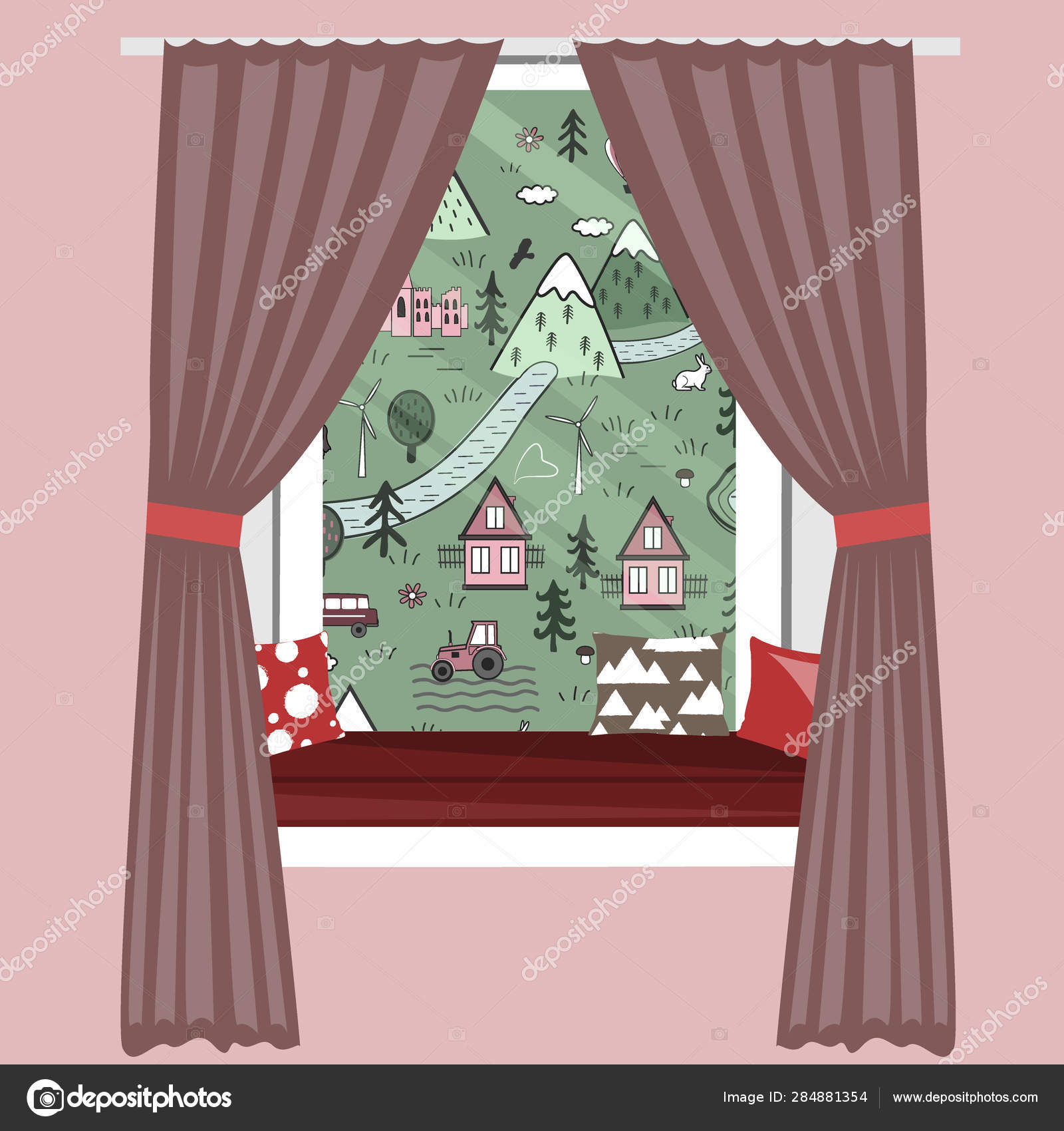 Kids Cartoon Window Sill Vector Illustration Windowsill Sofa With