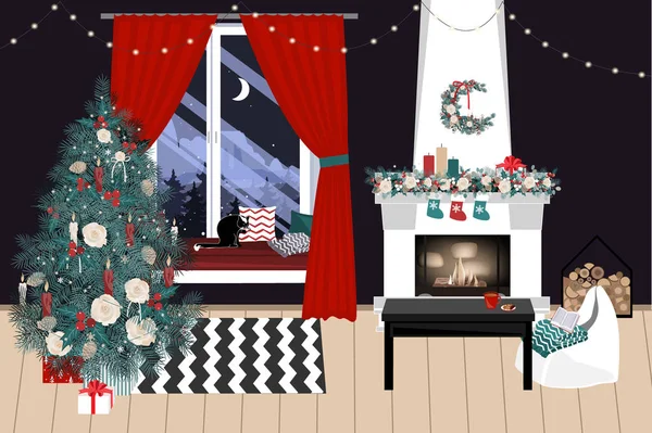 Weihnachtliches Wohnzimmer mit Weihnachtsbaum und Geschenken darunter - moderner skandinavischer Stil, Vektorillustration — Stockvektor
