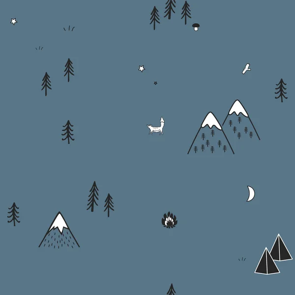 Söta handritade sömlösa mönster med camping tält, eld, träd och berg. Kreativ skandinavisk skogs bakgrund. Skogen. Vektor illustration — Stock vektor