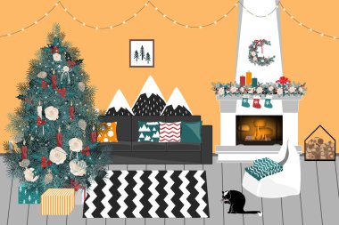 Bir noel ağacı ve altında hediyeler ile Noel oturma odası - modern İskandinav tarzı, vektör illüstrasyon