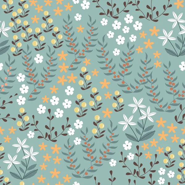 Vector Floral naadloze patroon met abstracte platte doodle elementen zoals planten, bloemen, bessen en gras. Bos natuur achtergrond — Stockvector