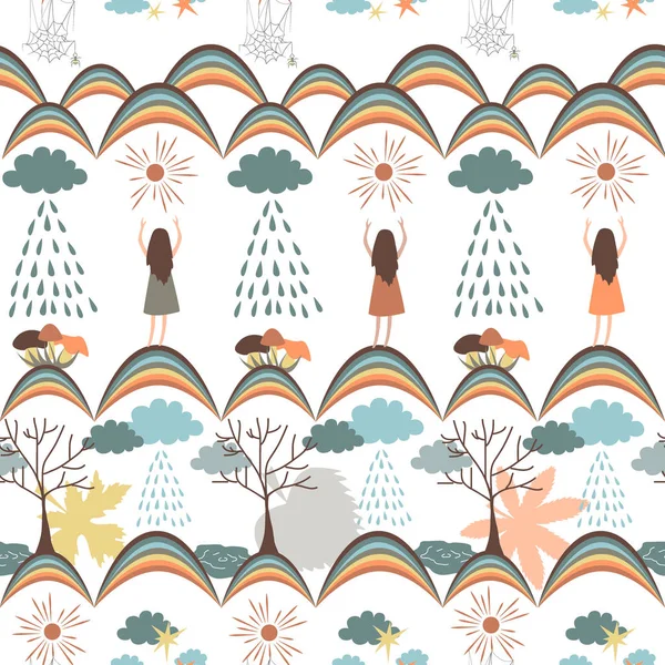 Höstens sömlösa mönster. Tribal vektor bakrund med regniga moln, regnbågar, flickor, regniga moln, Solar, träd och svampar. — Stock vektor