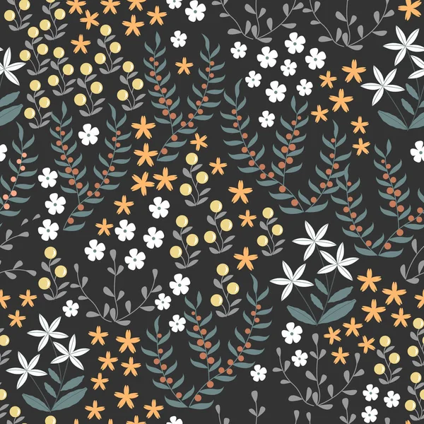 Vektorflorales nahtloses Muster mit abstrakten flachen Doodle-Elementen wie Pflanzen, Blumen, Beeren und Gras. Wald Natur Hintergrund — Stockvektor