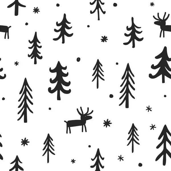 Векторный рождественский бесшовный узор с милыми мультяшными оленями, деревьями и снежинками. Белая, черная и серая палитра. Зимний фон Скандинавии . — стоковый вектор