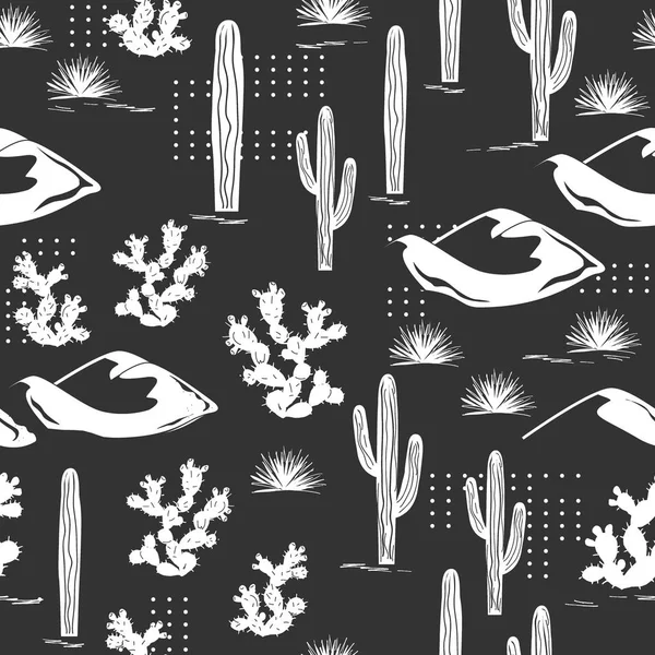 Patrón gráfico vectorial sin costuras con dunas desérticas, cactus saguaro, pera espinosa y puntos. Fondo de aventura con estilo para adolescentes, tarjetas, textiles o fondos de pantalla — Vector de stock