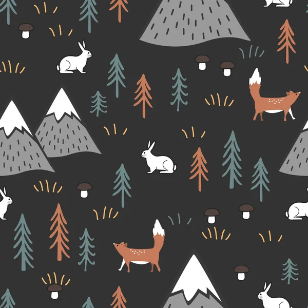 ウサギ、キツネの木、キノコ、山とスカンジナビアの漫画シームレスなパターン。子供のためのかわいい背景、ファブリック、服のデザイン、ベッドリネン、壁紙. — ストックベクタ